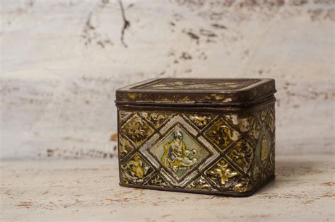 antique metal box picture of hand with holes|Antique Metal Box .